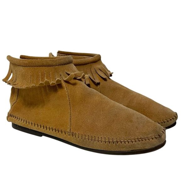 MINNETONKA Suede Leather Fringe Moccasin Booties 8.5 - Picture 1 of 9